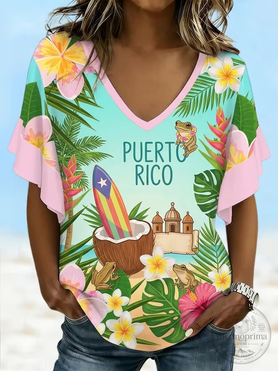 Puerto Rico Tropical Frog Coconut Surfboard Women's V-Neck T-Shirt