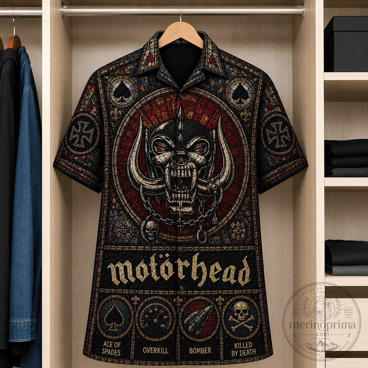 Motorhead Ace of Spades Overkill Bomber Killed by Death Hawaiian Shirt