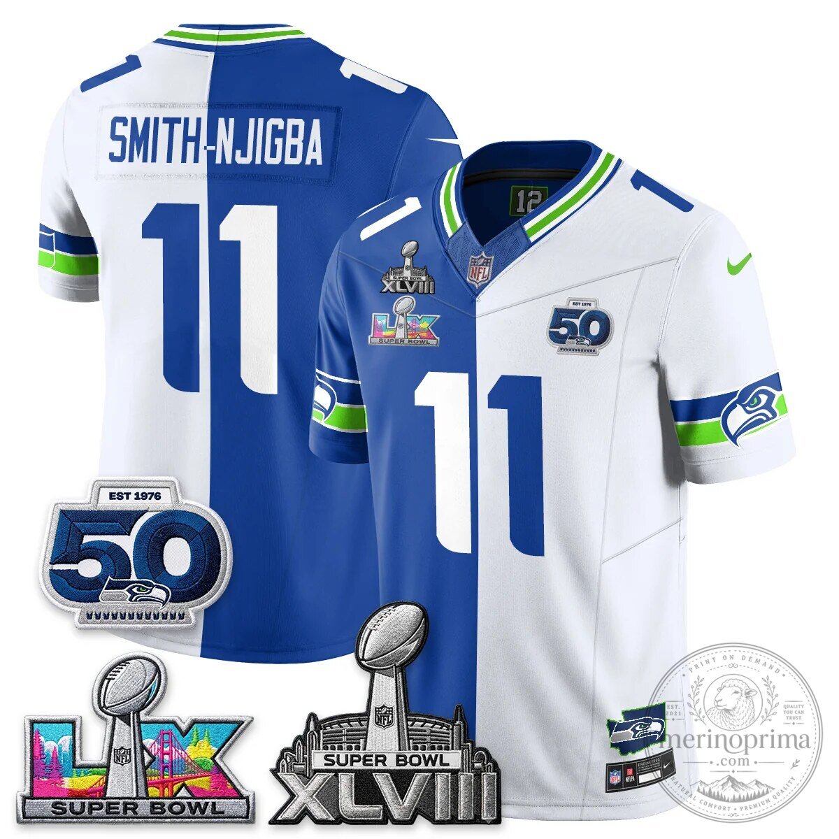 Seattle Seahawks Jaxon Smith-Njigba Super Bowl XLVIII Split Edition Vapor Football Jersey 54 Seattle Seahawks Jaxon Smith-Njigba Super Bowl XLVIII Split Edition Vapor Football Jersey
