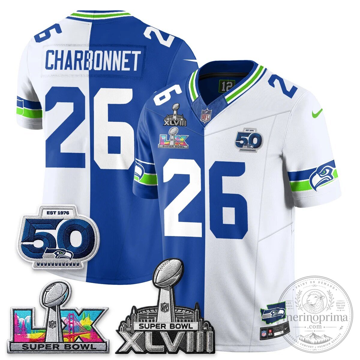 Seattle Seahawks Jaxon Smith-Njigba Super Bowl XLVIII Split Edition Vapor Football Jersey 56 Seattle Seahawks Jaxon Smith-Njigba Super Bowl XLVIII Split Edition Vapor Football Jersey