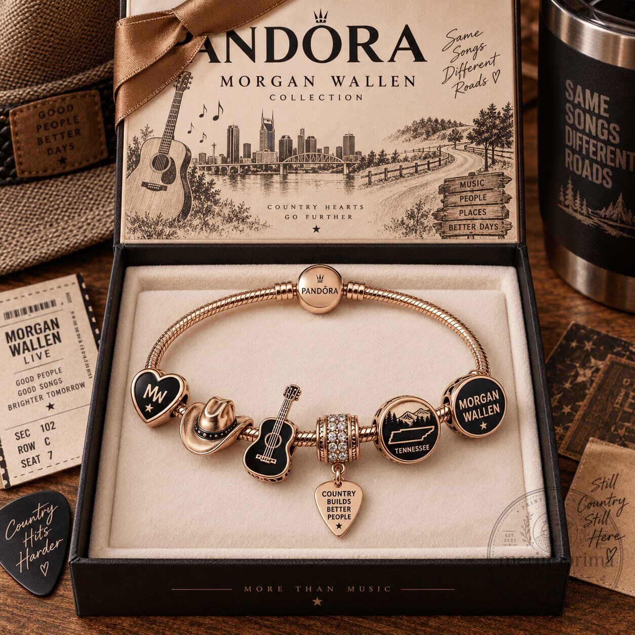 Morgan Wallen Pandora Rose Gold Charm Bracelet Set with Country Music Charms