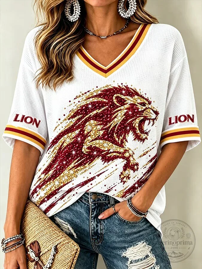 Sparkling Lion Head Graphic V-Neck Short Sleeve White T-Shirt