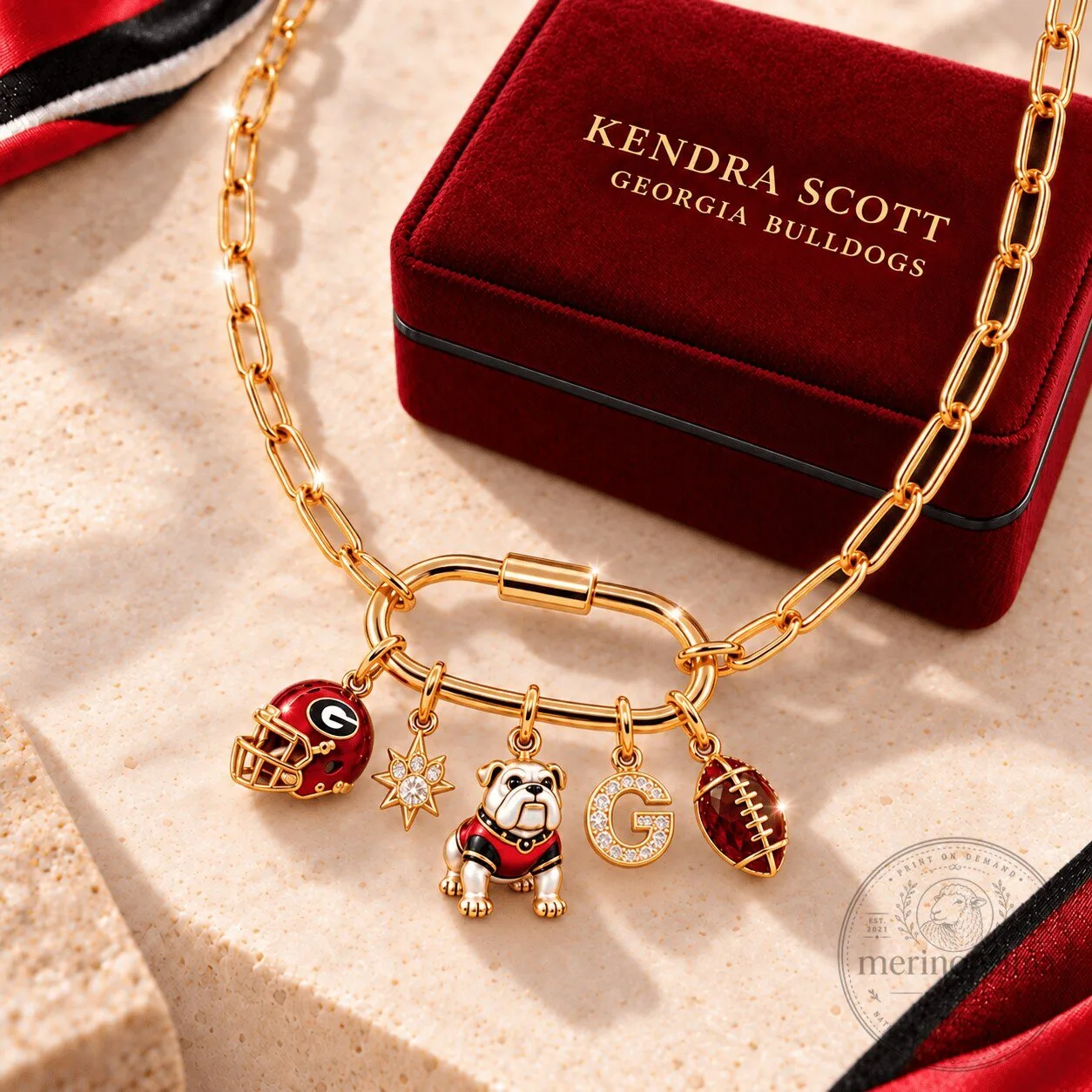 Georgia Bulldogs Gold Chain Necklace with Football Helmet and Mascot Charms
