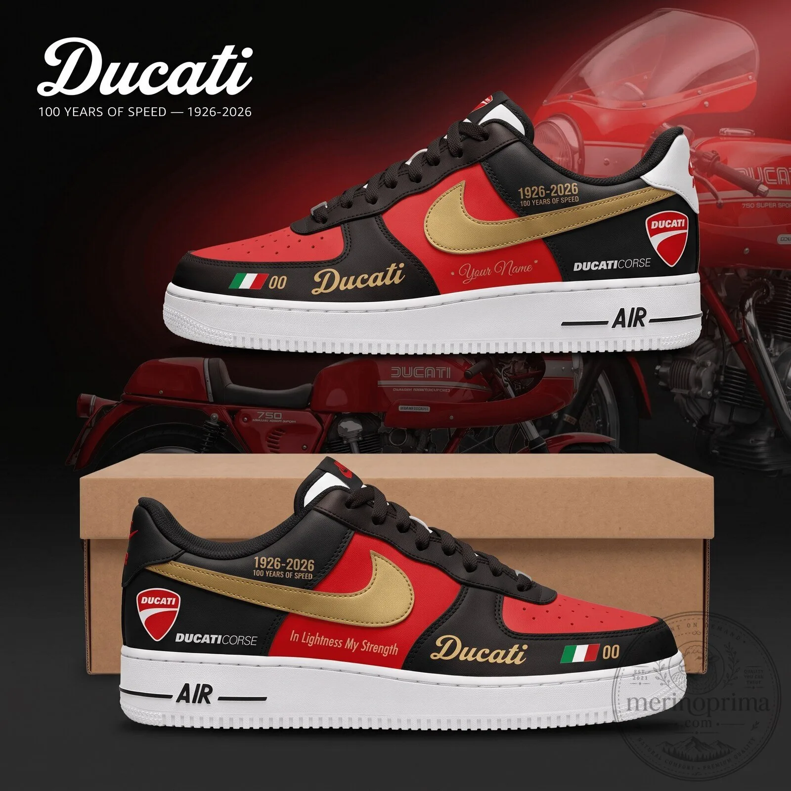 Personalized Air Force 1 Style Sneakers Celebrating 100 Years of Ducati Speed