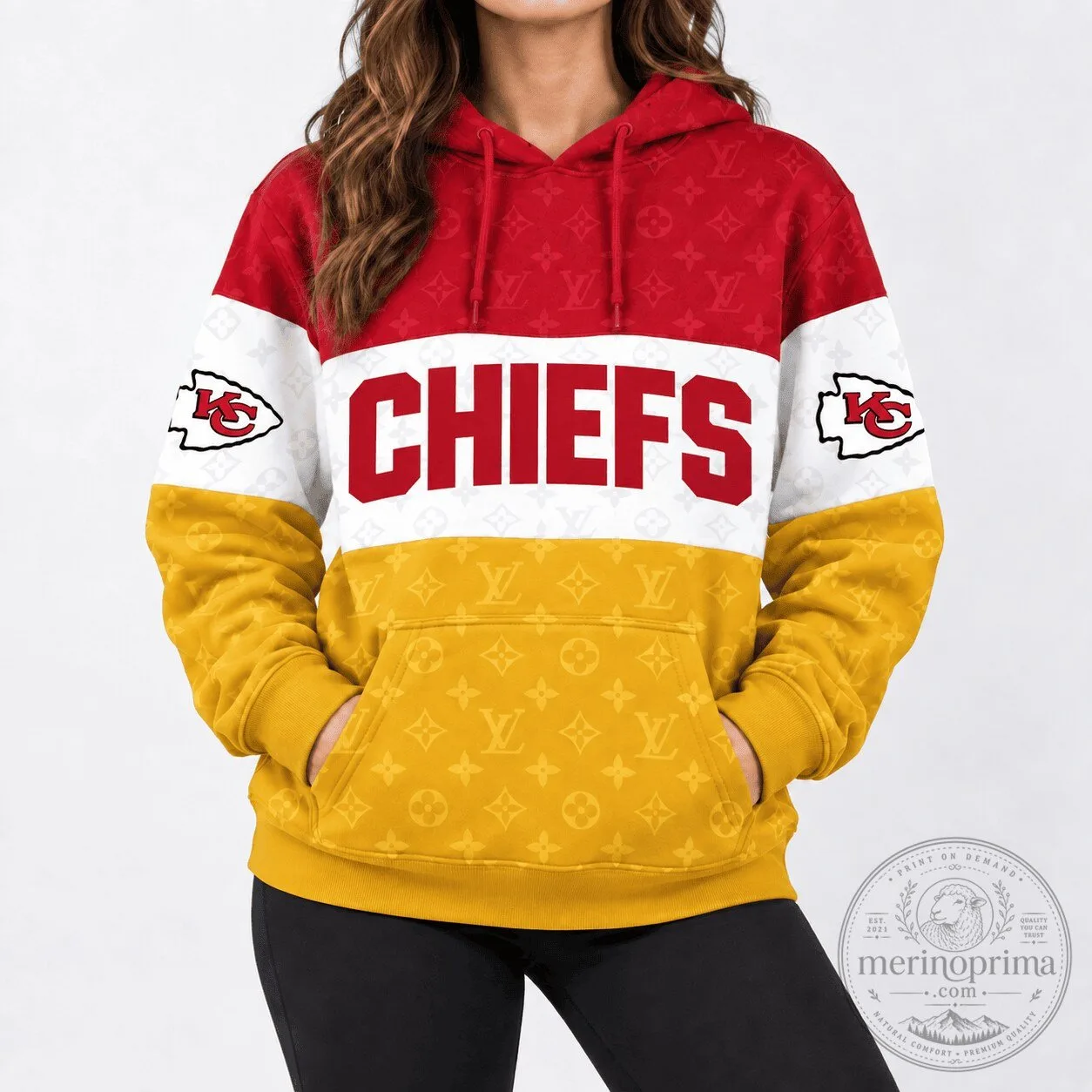 Kansas City Chiefs Football Team Red and Yellow Monogram Style Hoodie