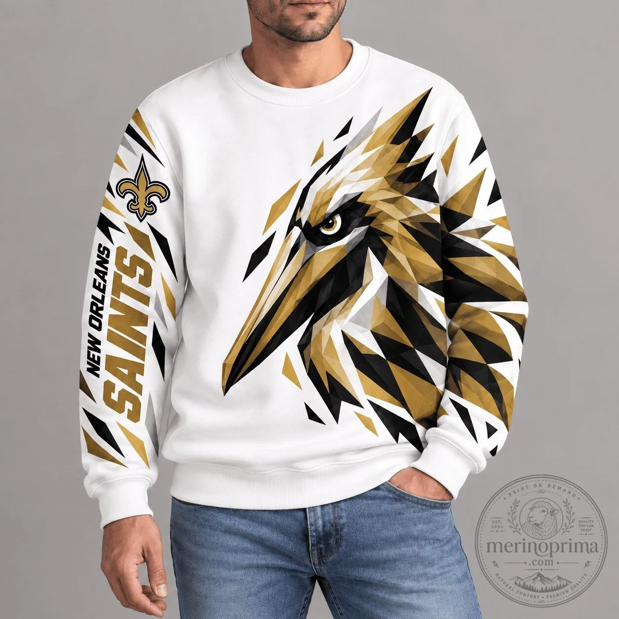 New Orleans Saints Polygonal Mascot White and Gold Fan Sweatshirt