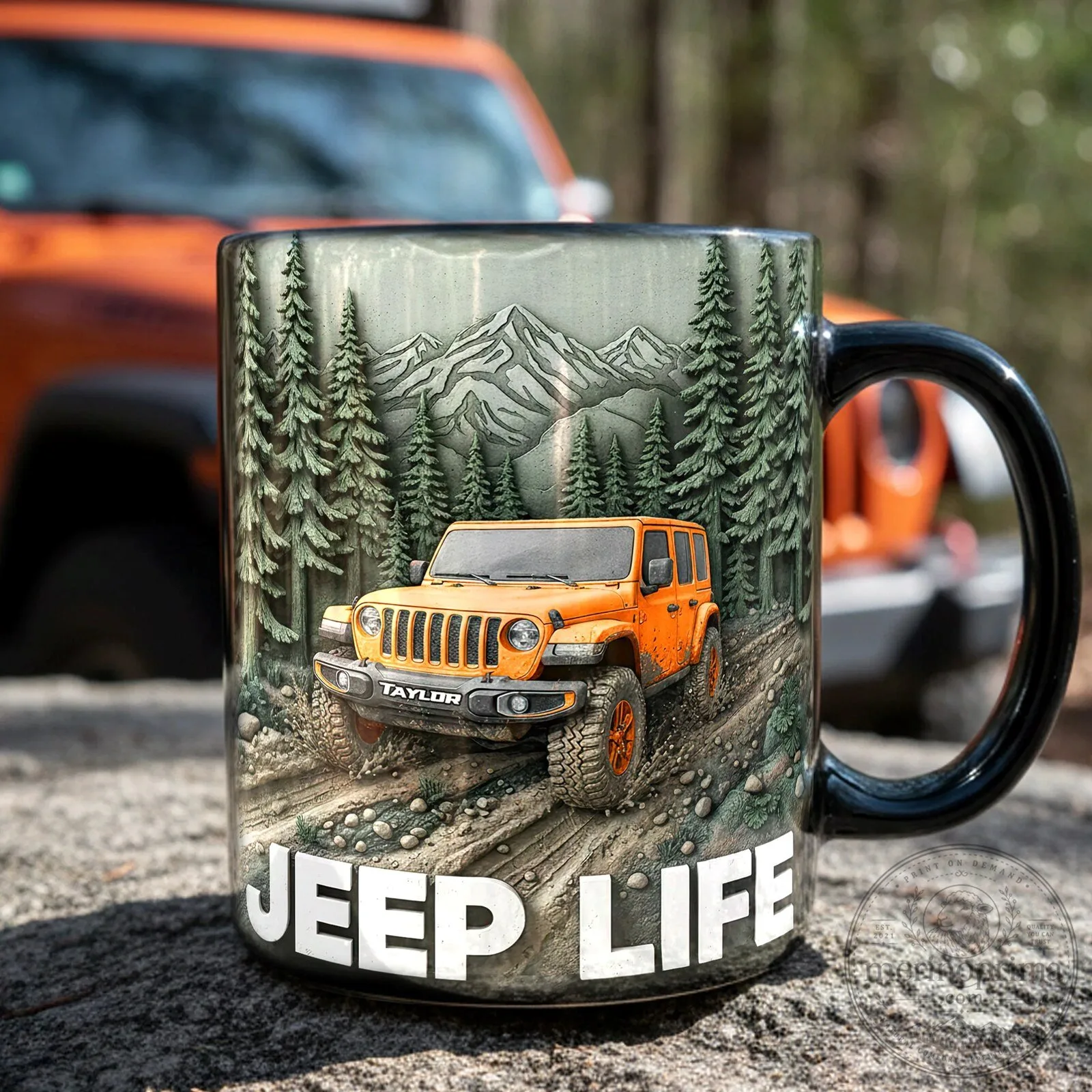 Jeep Life Orange Wrangler Off-Road Mountain Forest Adventure Coffee Mug