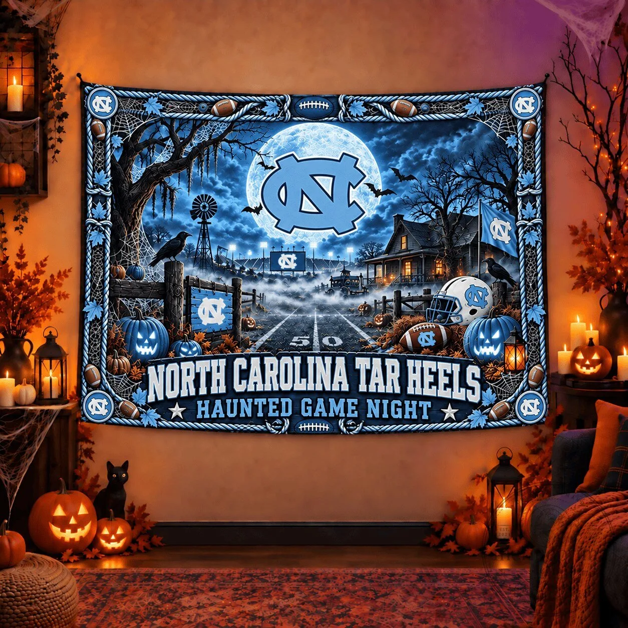 North Carolina Tar Heels Haunted Game Night Halloween Wall Tapestry