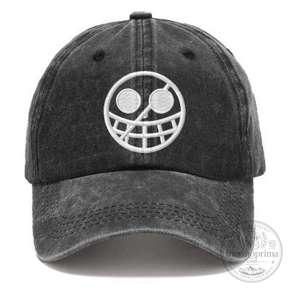 One Piece Trafalgar Law Jolly Roger Embroidered Washed Black Baseball Cap Hat