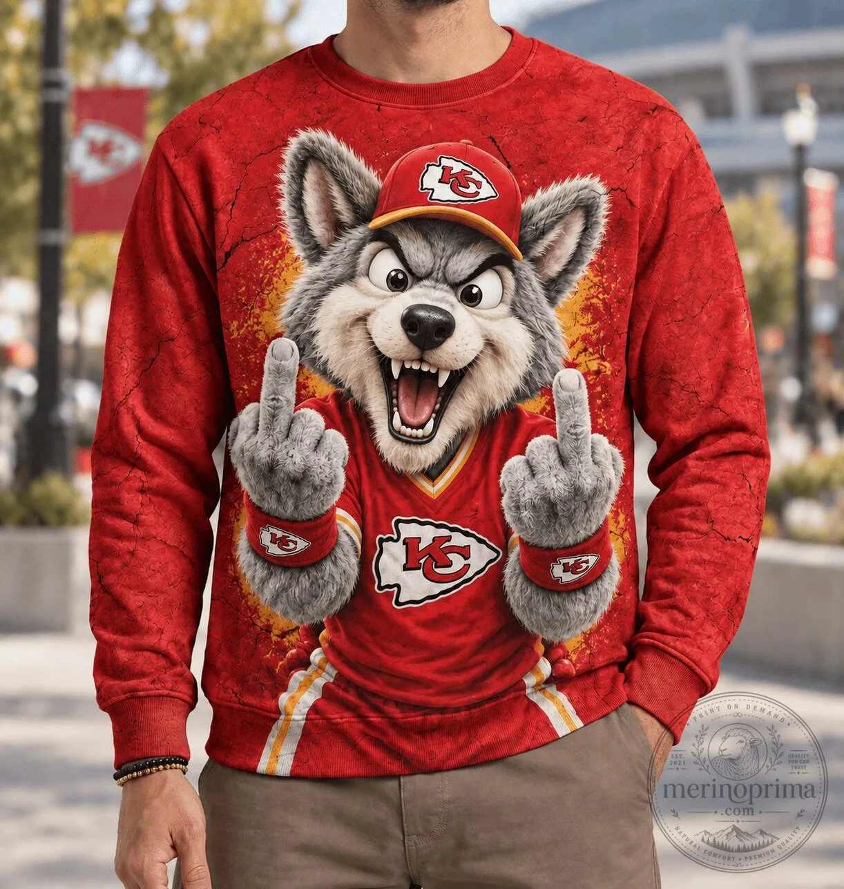 Kansas City Chiefs Wolf Mascot Middle Finger Funny Red Football Sweatshirt