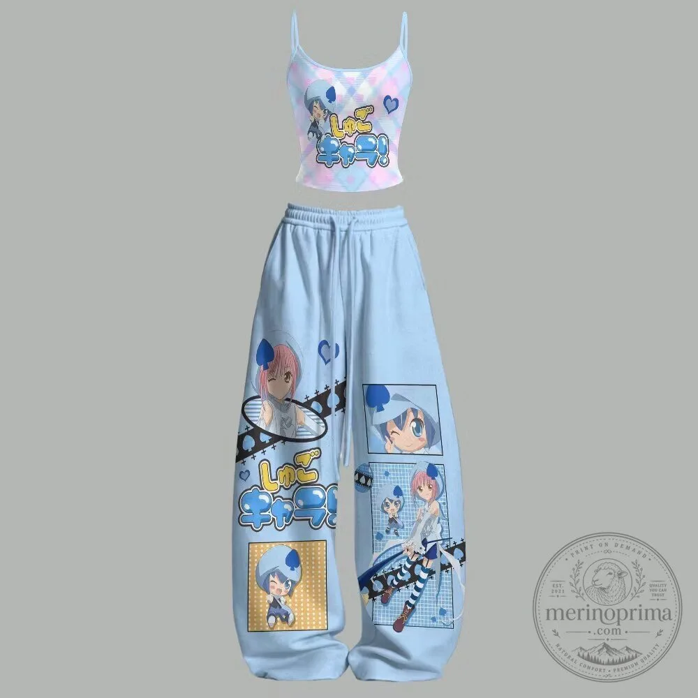 Shugo Chara Anime Character Print Crop Top and Baggy Pants Two-Piece Set