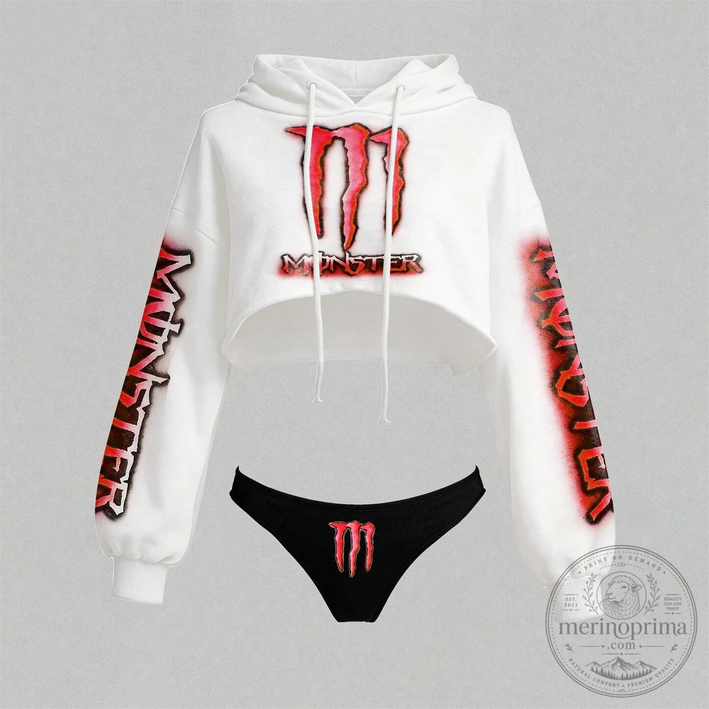 Monster Energy Logo Cropped Hoodie and Thong Set for Women 2 Monster Energy Logo Cropped Hoodie and Thong Set for Women