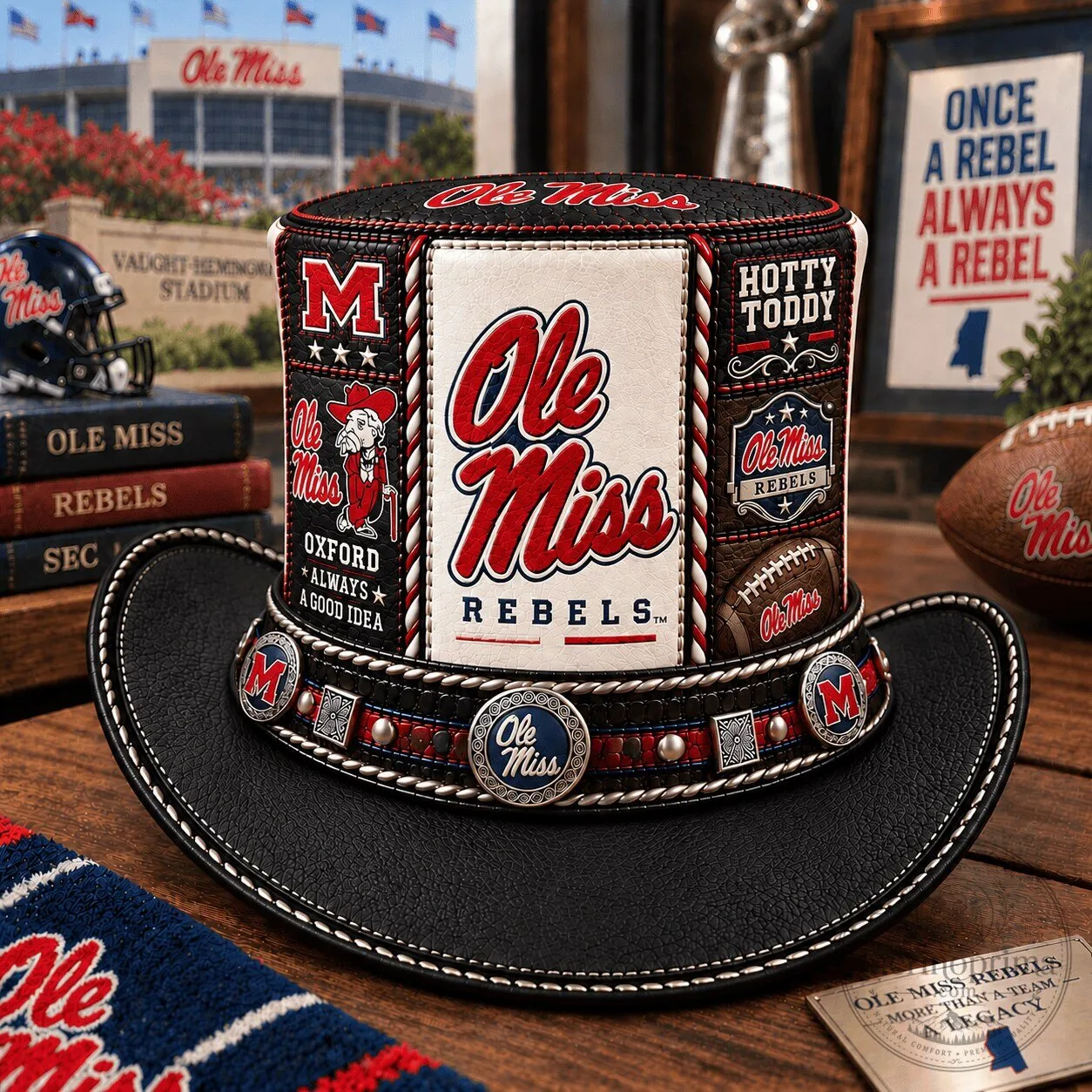 Ole Miss Rebels Football Team Logo Black Leather Top Hat