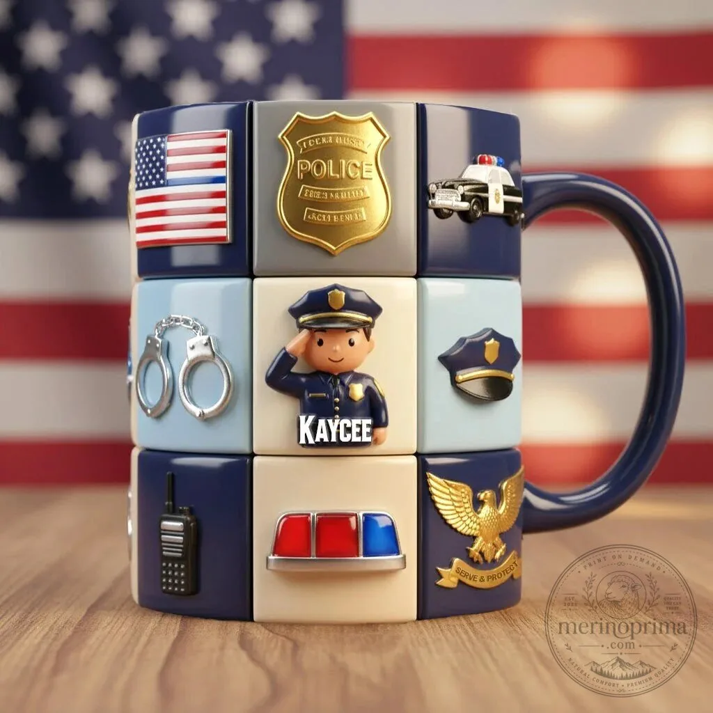 Personalized Police Officer Themed Coffee Mug with American Flag Design