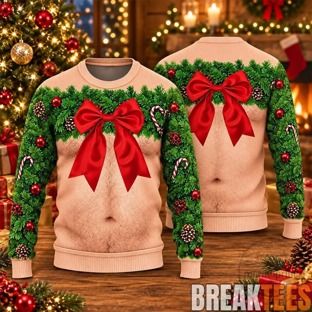 Funny Hairy Chest Wreath and Red Bow Ugly Christmas Sweater