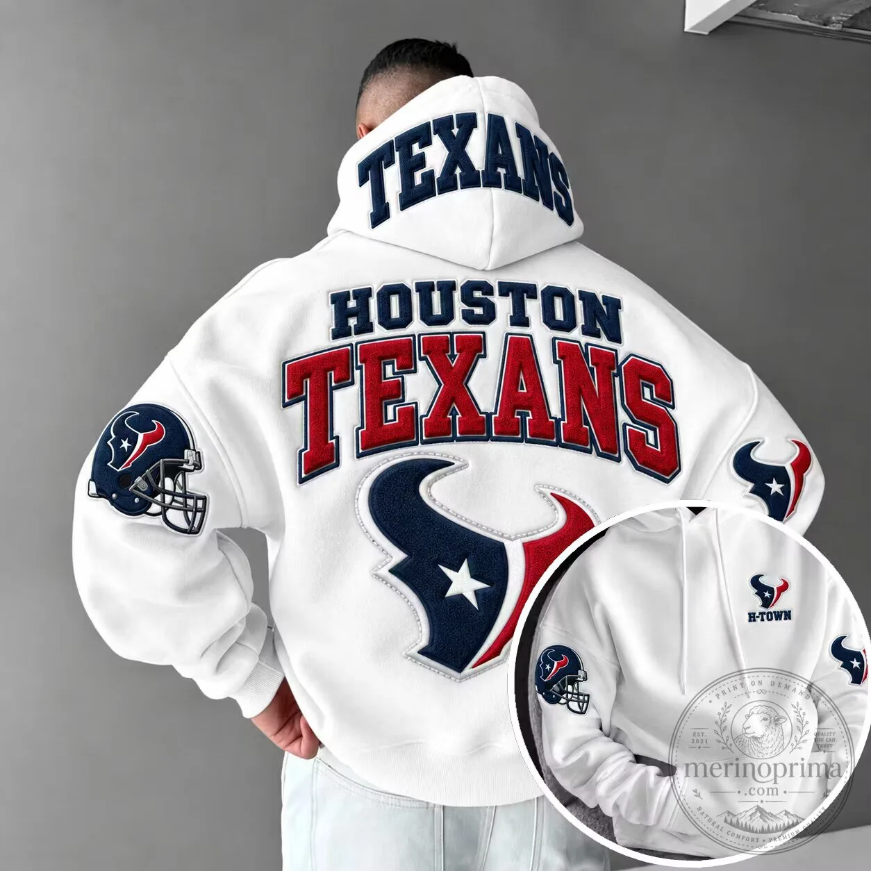 Houston Texans NFL Football Team Logo White Embroidered Hoodie