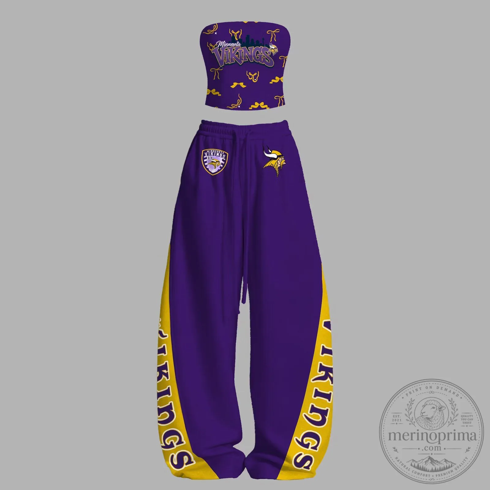 Minnesota Vikings Women's Strapless Crop Top and Wide Leg Pants Set