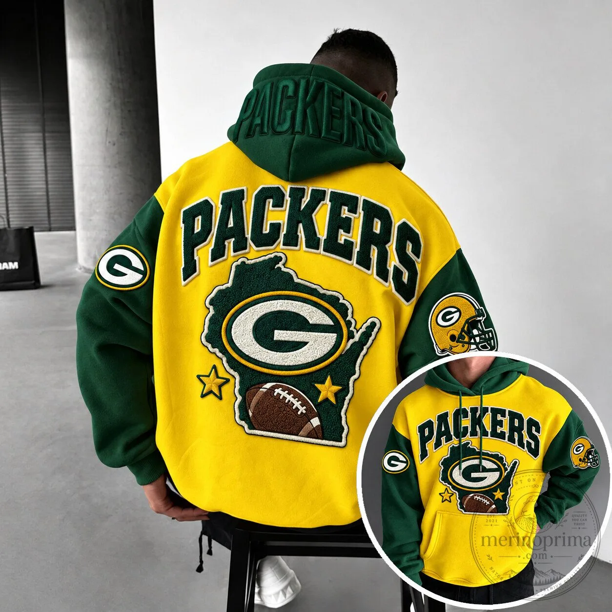 Green Bay Packers Embroidered Logo Yellow and Green Football Hoodie