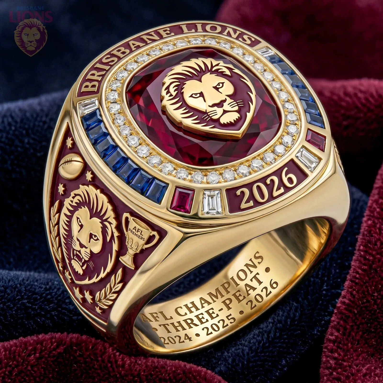 Brisbane Lions AFL Champions Three-Peat 2024-2026 Gold Plated Ring
