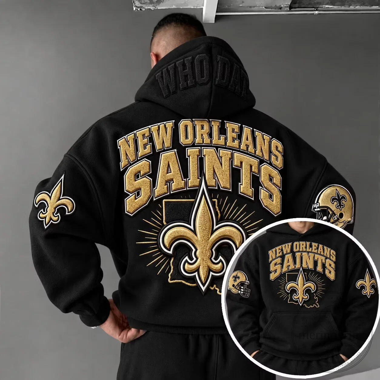 Black Embroidered Hoodie for New Orleans Saints Football Team