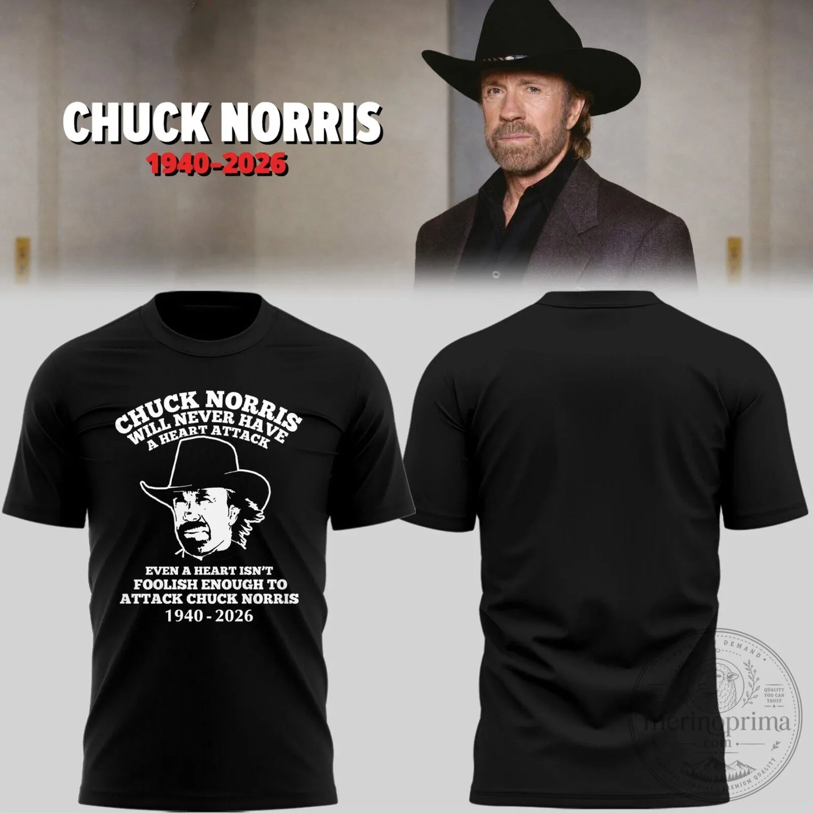 Humorous T-Shirt Featuring Chuck Norris: He'll Never Suffer a Heart Attack