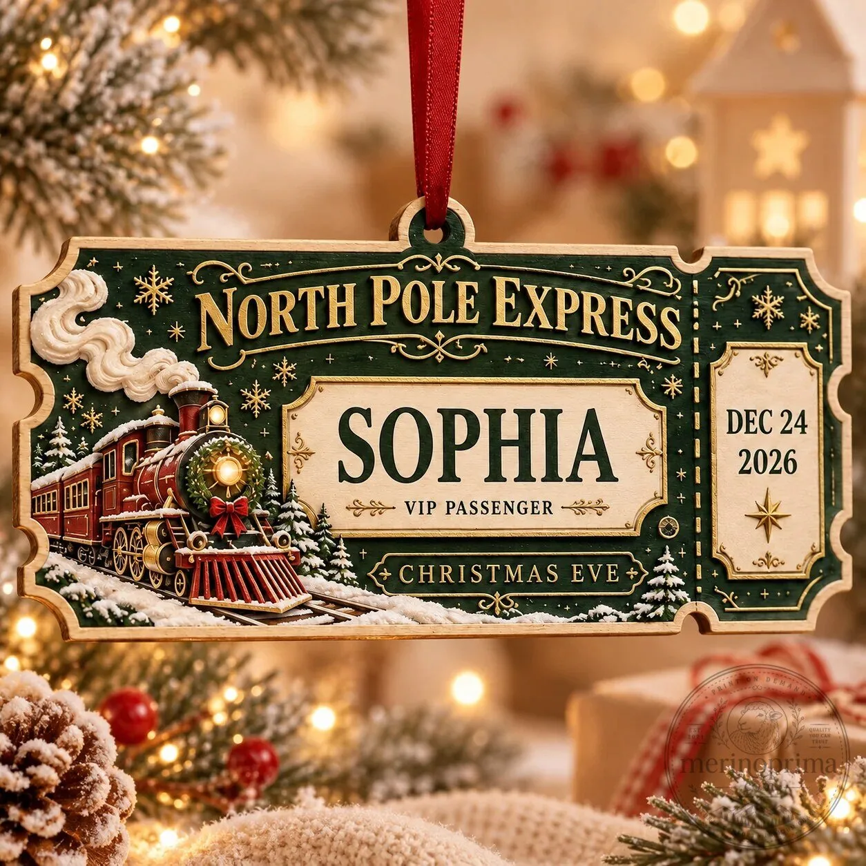 Personalized North Pole Express Train Ticket Christmas Tree Ornament