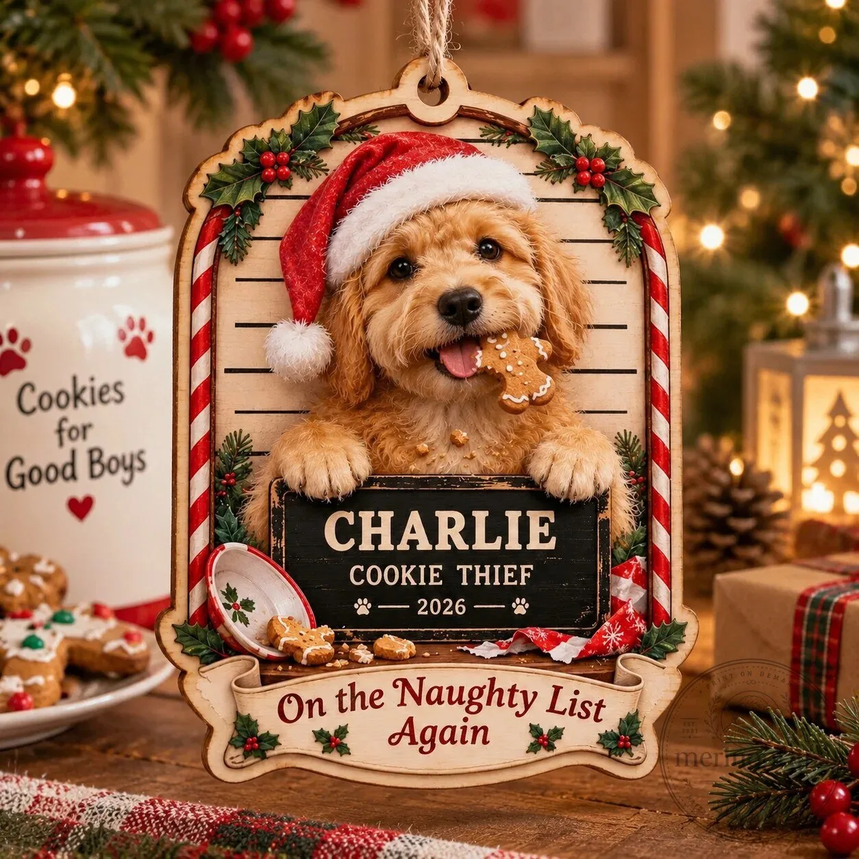 Personalized Dog Cookie Thief Christmas Holiday Acrylic Ornament