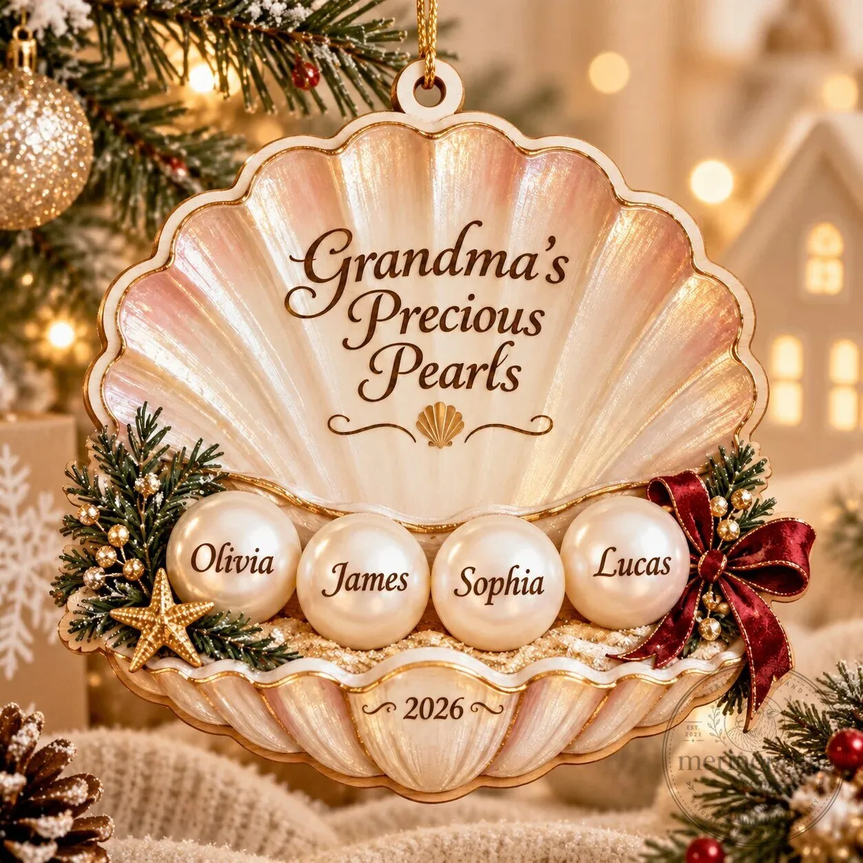 Personalized Grandma's Precious Pearls Custom Name Christmas Tree Ornament