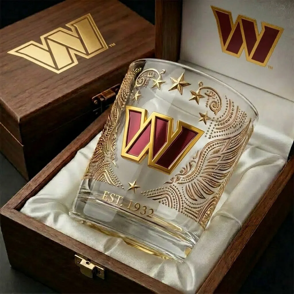 Washington Commanders Football Team Logo Whiskey Glass with Gold Accents