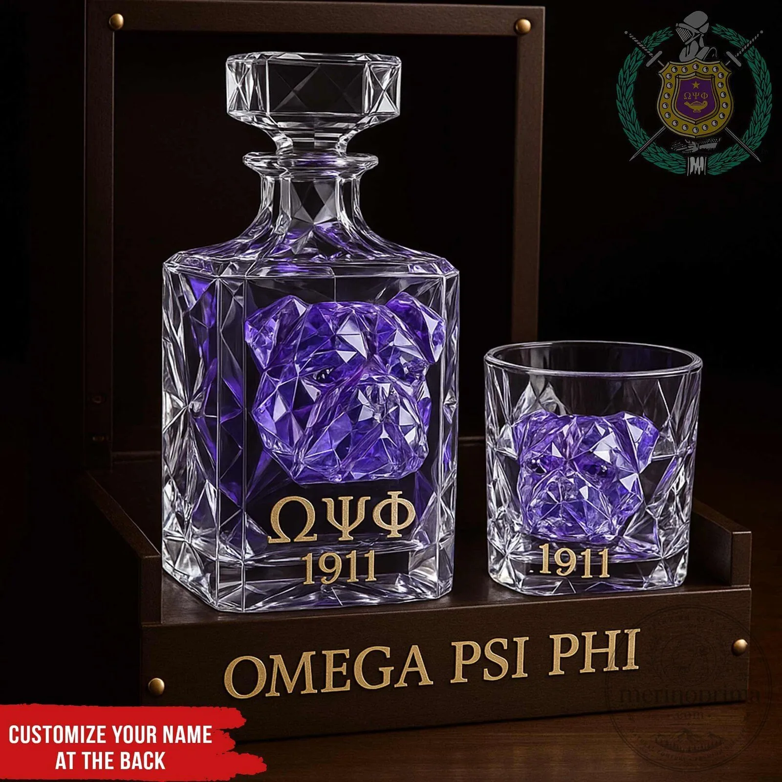 Omega Psi Phi Fraternity Bulldog Decanter and Whiskey Glass Set
