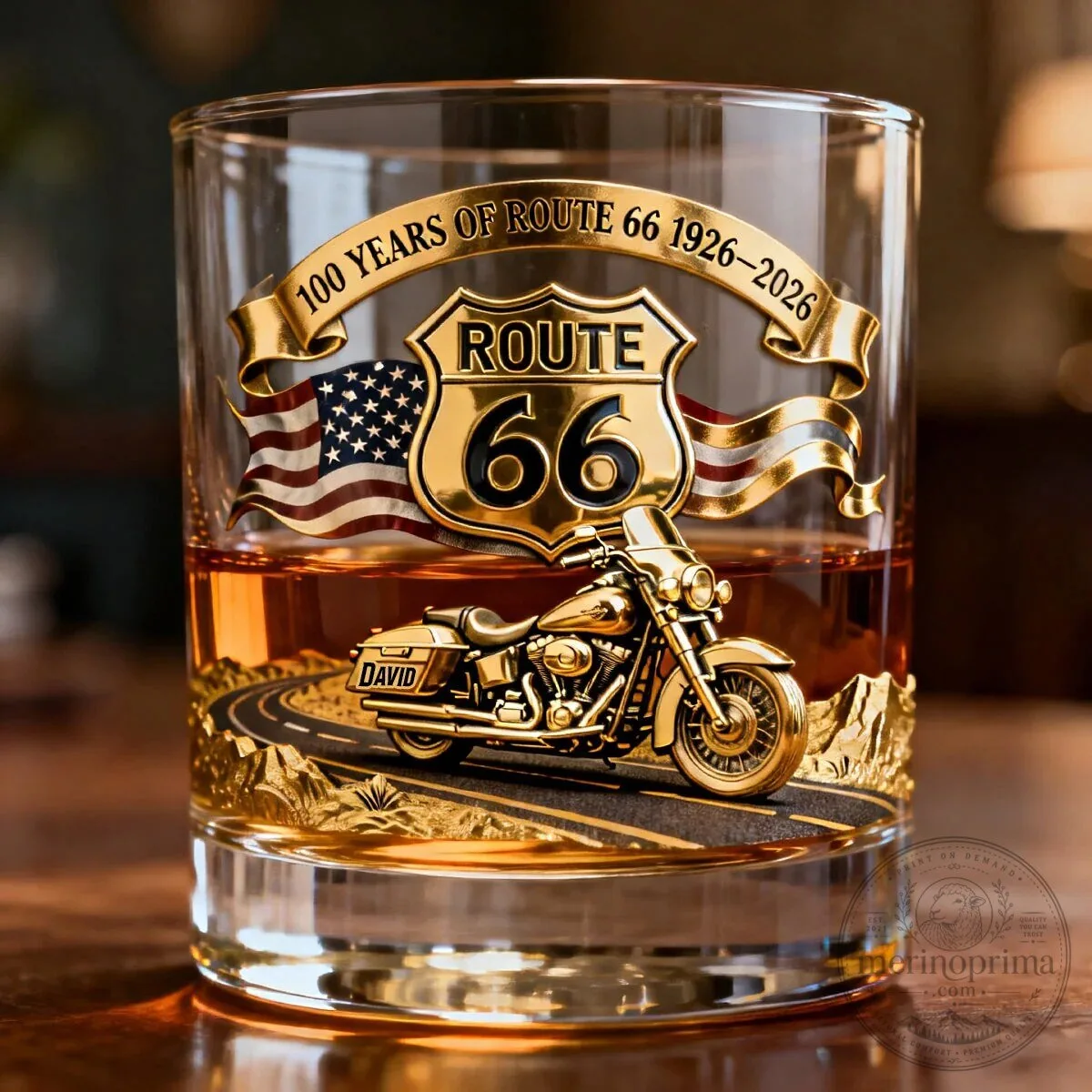 Route 66 Motorcycle 100th Anniversary Personalized Drinking Glass