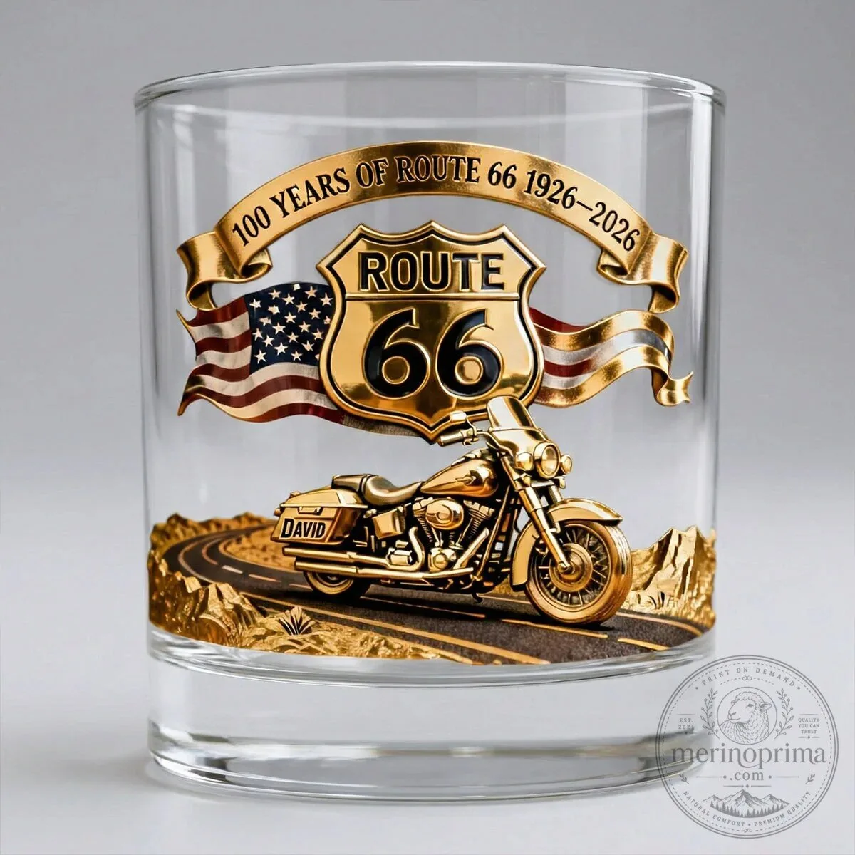 Route 66 Motorcycle 100th Anniversary Personalized Drinking Glass 12 Route 66 Motorcycle 100th Anniversary Personalized Drinking Glass