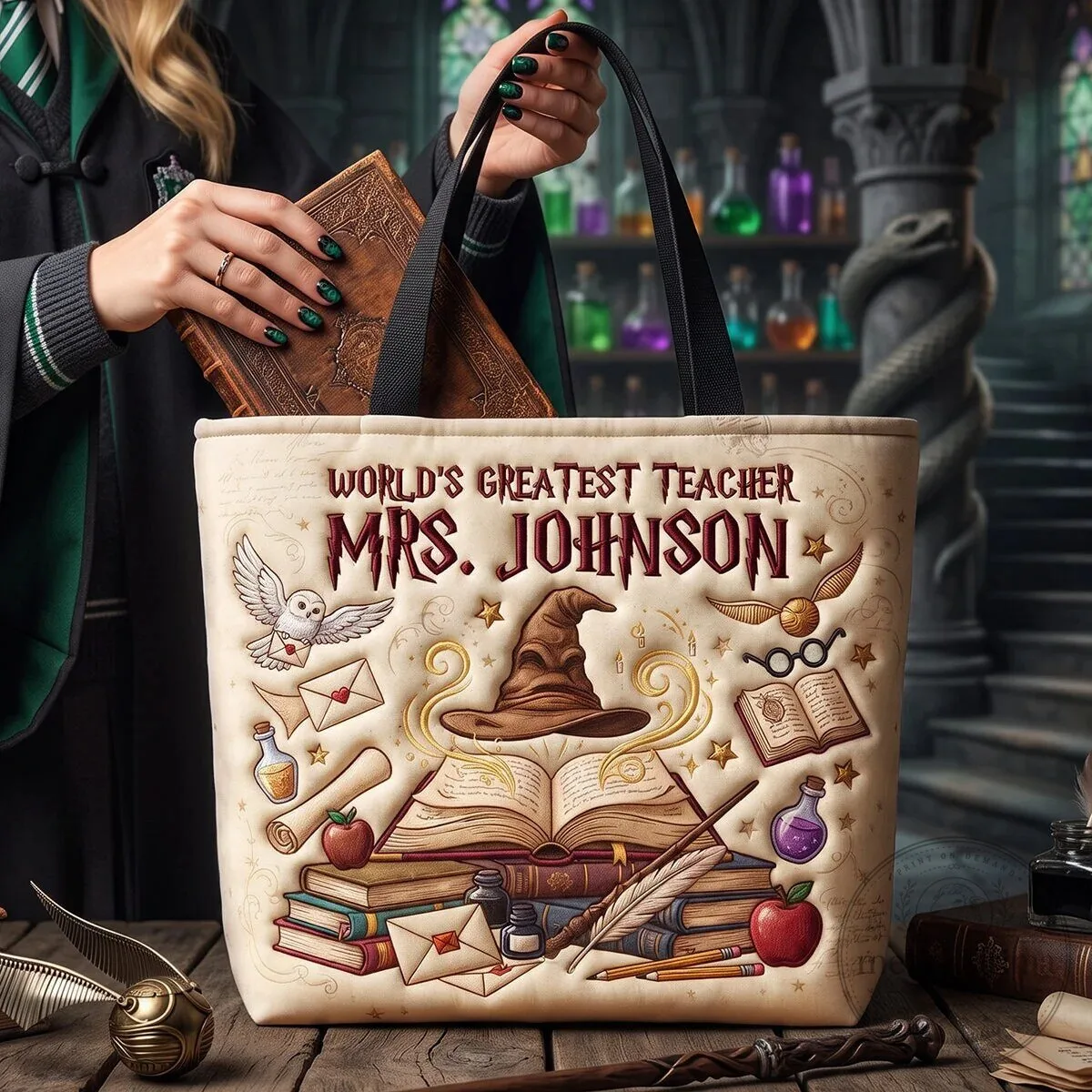 Personalized World's Greatest Teacher Mrs. Johnson Harry Potter Tote Bag 1 Personalized World's Greatest Teacher Mrs. Johnson Harry Potter Tote Bag