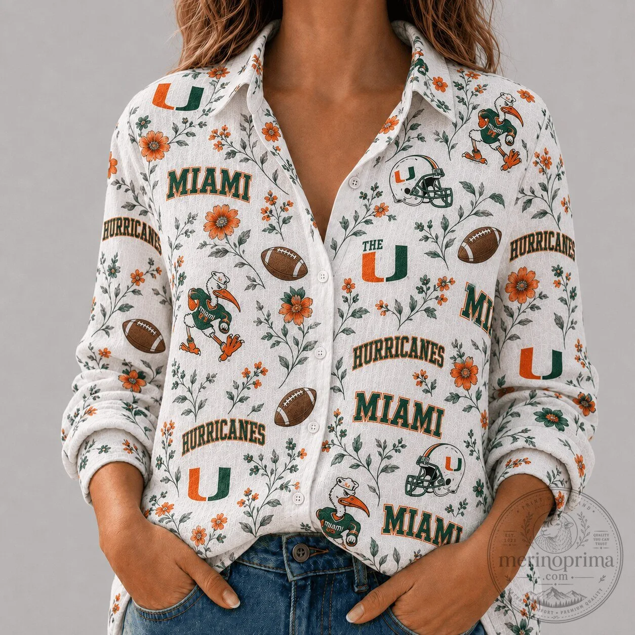 Miami Hurricanes Football Floral Pattern Button Down Shirt