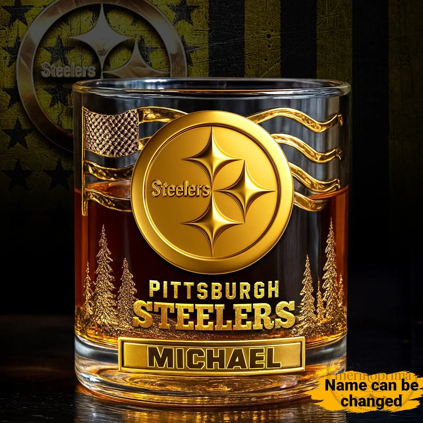 Pittsburgh Steelers Personalized American Flag Whiskey Glass