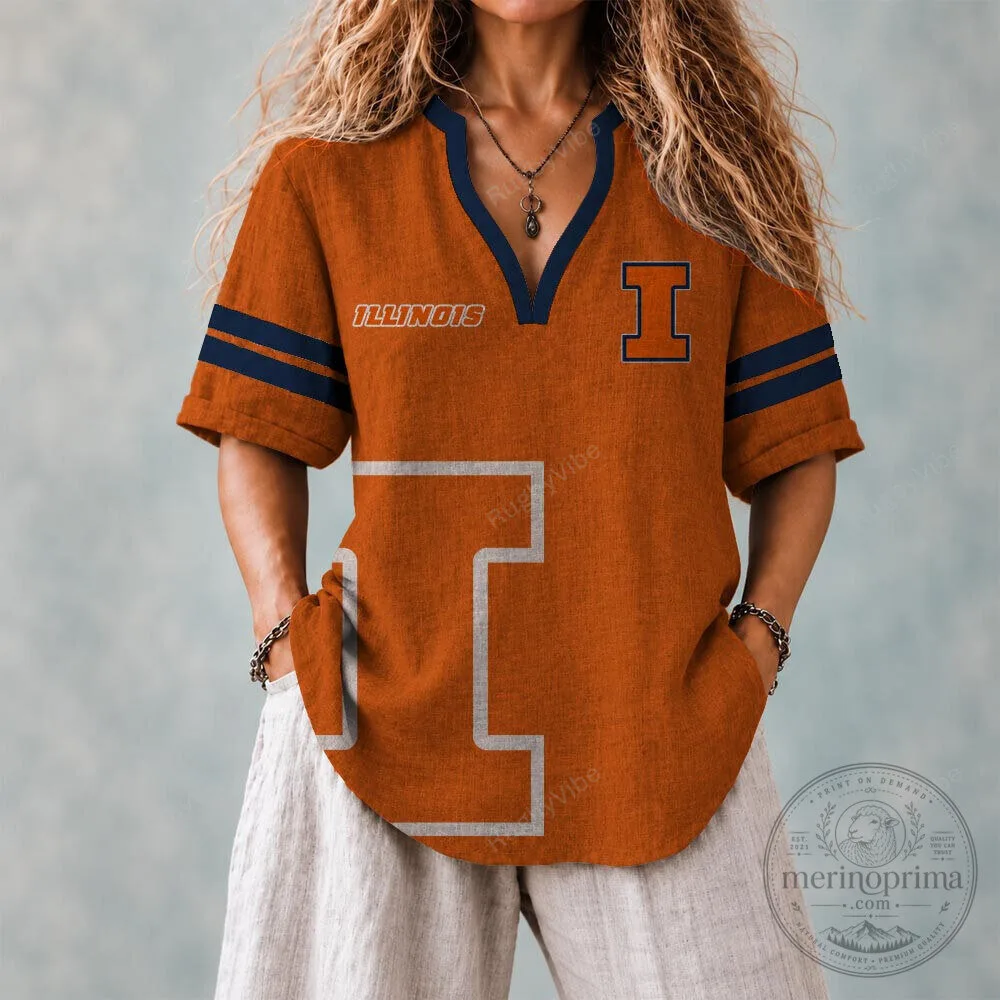 Illinois Fighting Illini Orange and Blue Striped V-Neck Polo Shirt