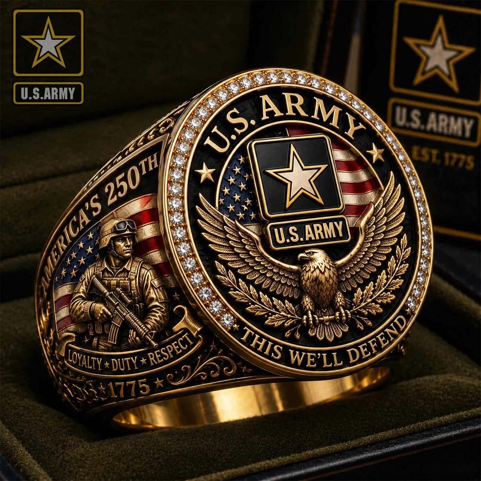United States Army 250th Anniversary Commemorative Gold Ring with Eagle 1 United States Army 250th Anniversary Commemorative Gold Ring with Eagle