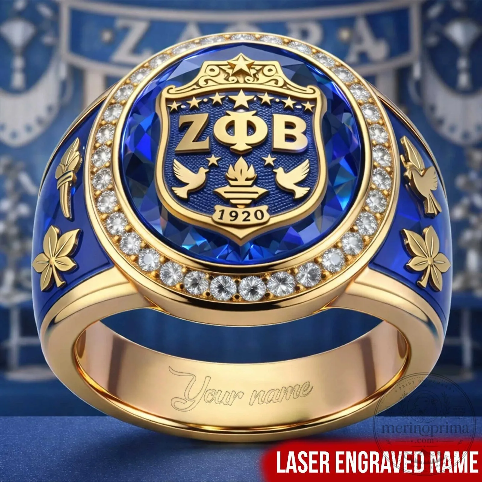 Zeta Phi Beta Sorority Royal Blue and Gold Emblem Ring with Engraved Name