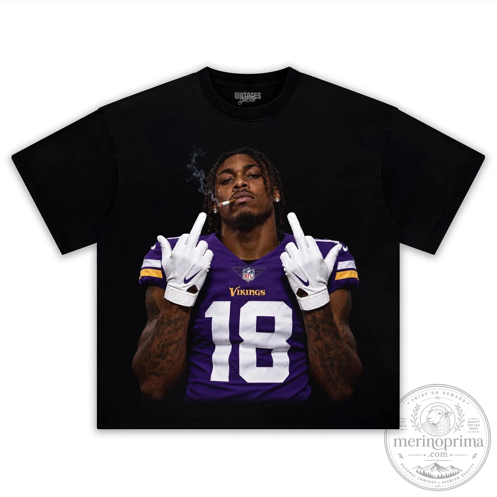 Justin Jefferson Middle Finger Smoking Black Graphic T-Shirt