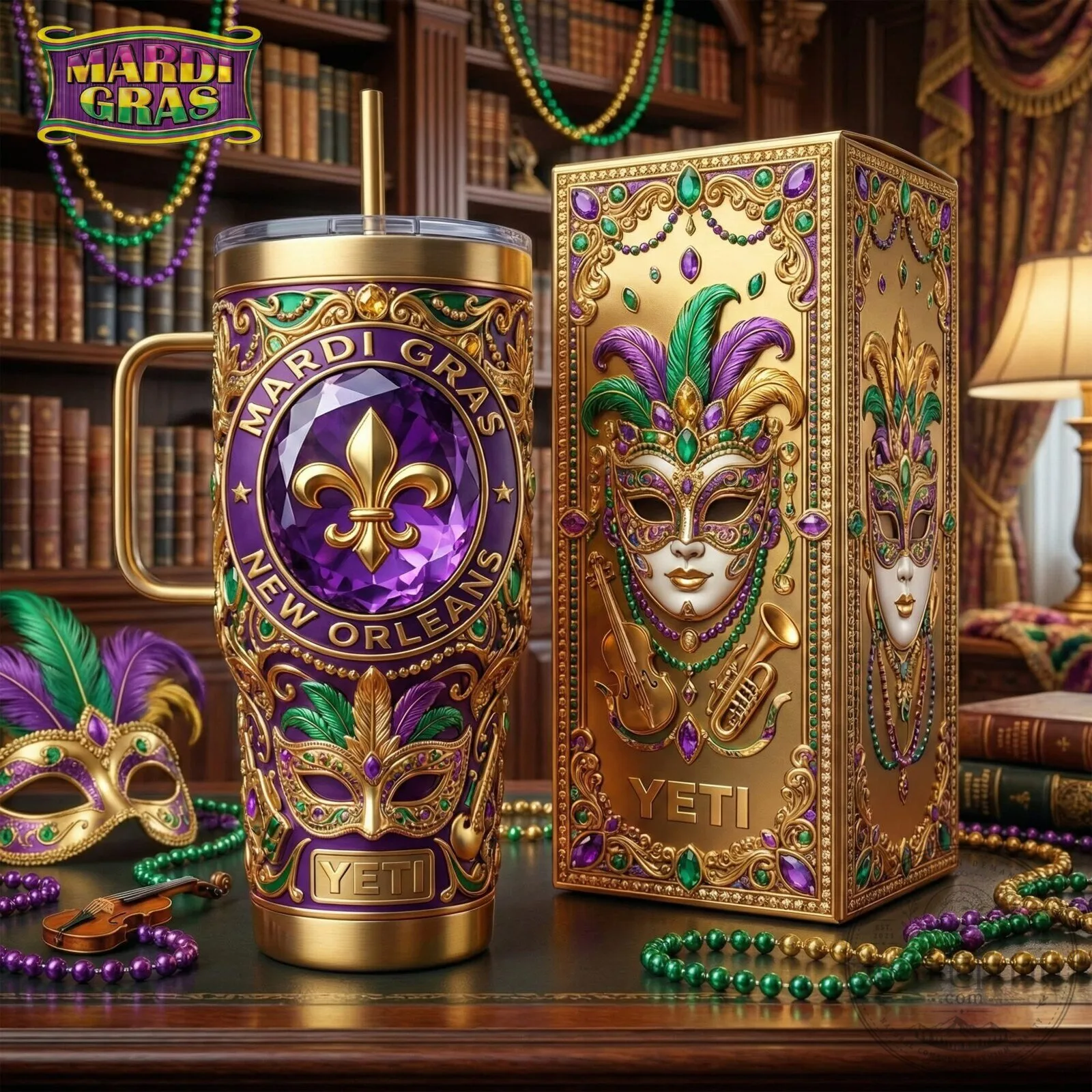 Mardi Gras New Orleans Fleur De Lis Purple Gold Tumbler with Handle