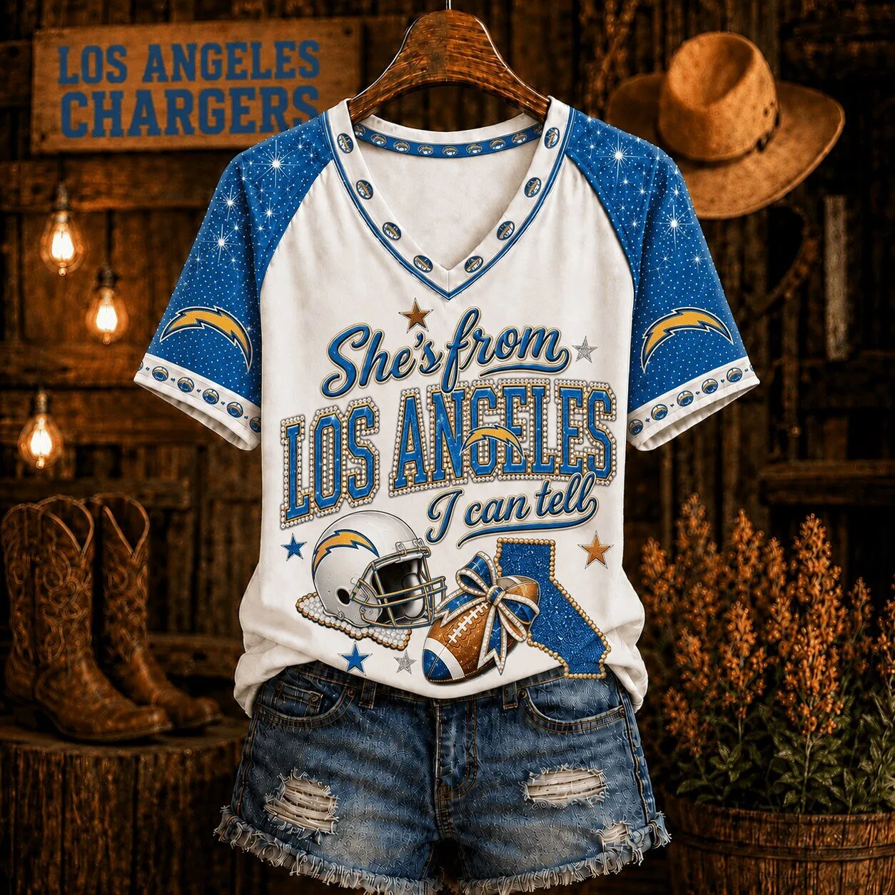 Los Angeles Chargers Football Team She's From Los Angeles I Can Tell Women's V-Neck T-Shirt 1 Los Angeles Chargers Football Team She's From Los Angeles I Can Tell Women's V-Neck T-Shirt