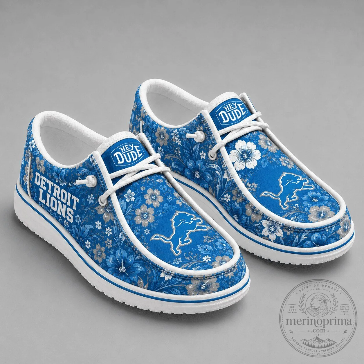 Blue and White Casual Loafer Shoes with Detroit Lions Floral Design
