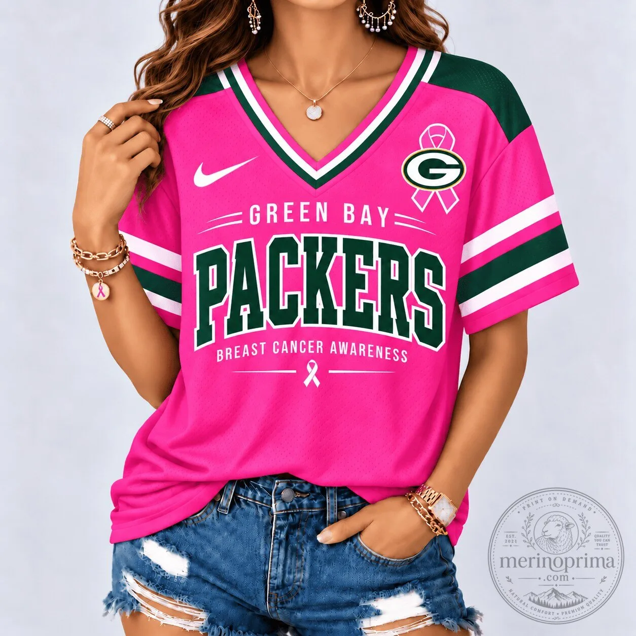 Green Bay Packers Pink Breast Cancer Awareness V-Neck Football Jersey