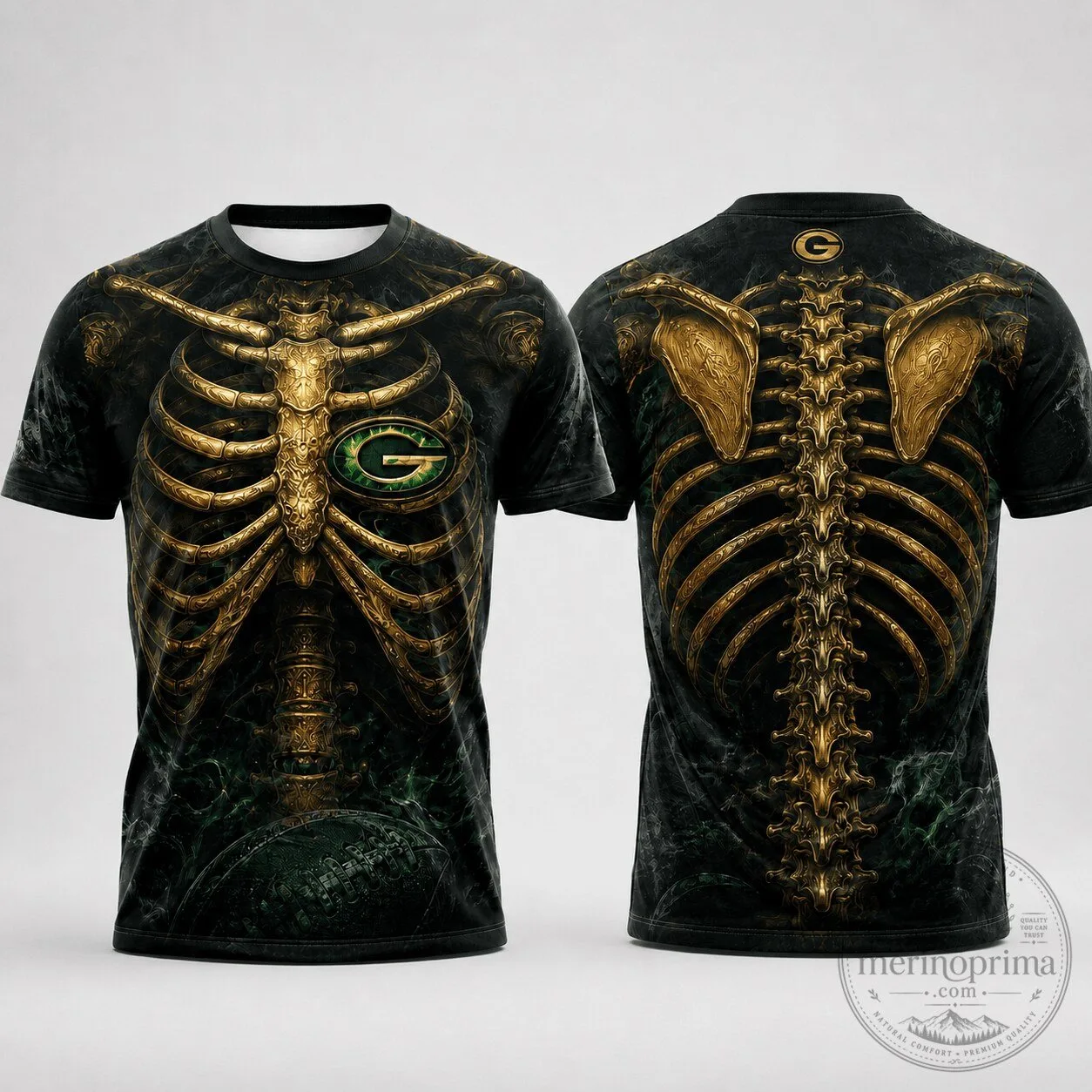 Green Bay Packers Team Green Skeleton Shirt, Gothic NFL Football Fan T-Shirt