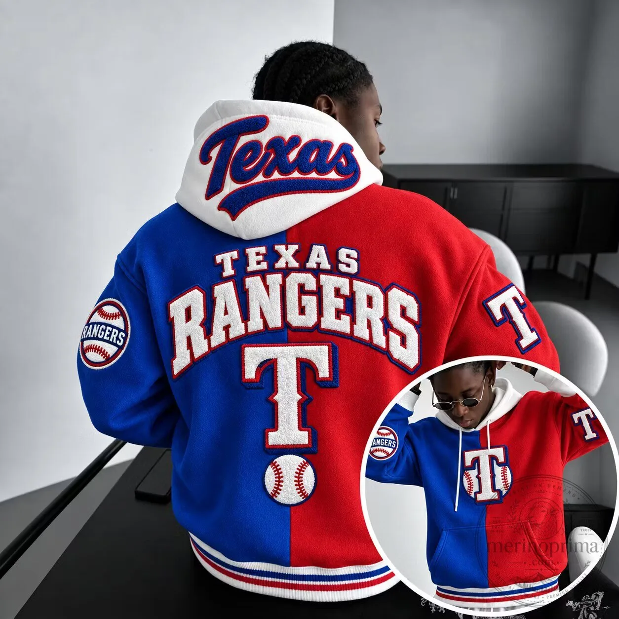 Texas Rangers Baseball Team Logo Red and Blue Split Hoodie
