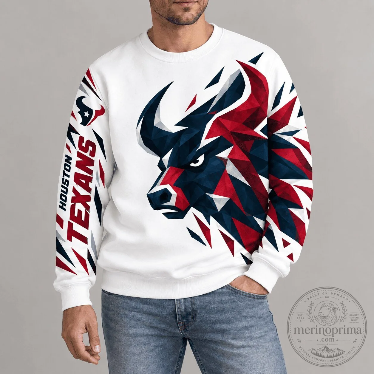 White Sweatshirt with Polygonal Mascot Design for Houston Texans NFL Team