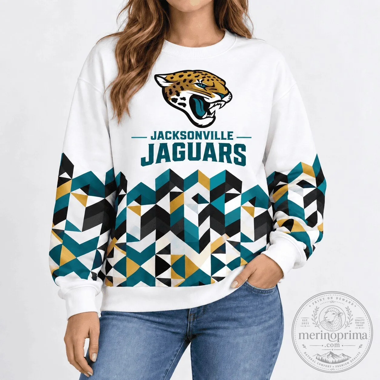 White Crewneck Sweatshirt with Jacksonville Jaguars Geometric Chevron Design 2 White Crewneck Sweatshirt with Jacksonville Jaguars Geometric Chevron Design