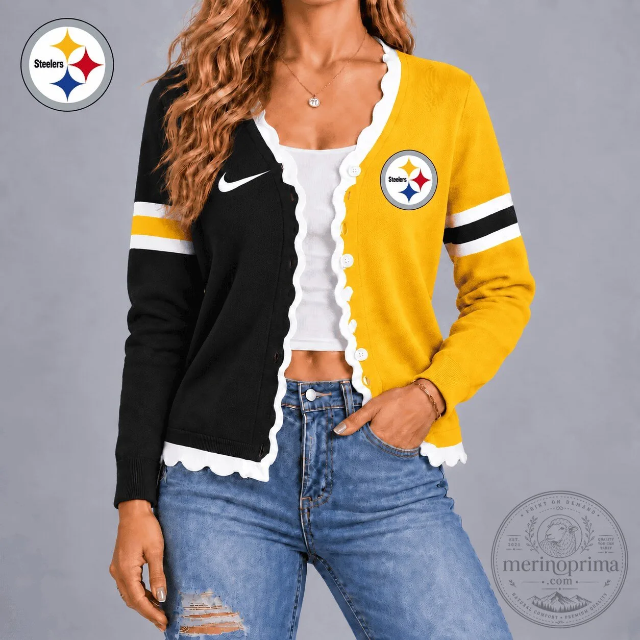 Pittsburgh Steelers Two Tone Scalloped Edge Button Up Cardigan