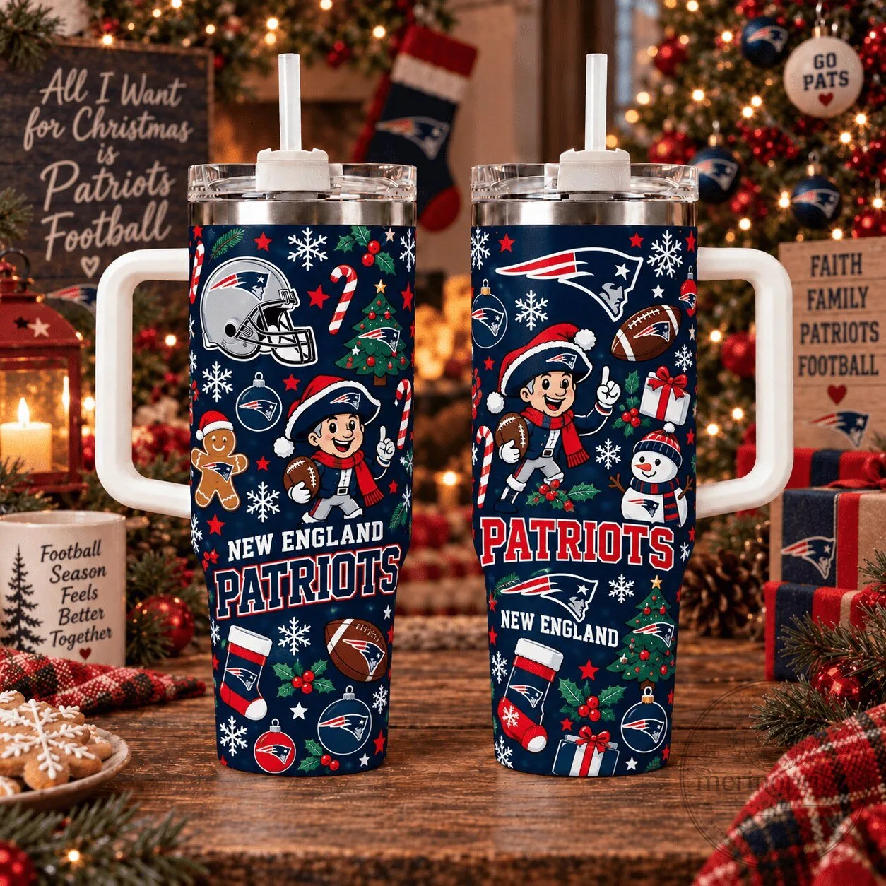 New England Patriots Christmas Football Team Insulated Tumbler with Handle
