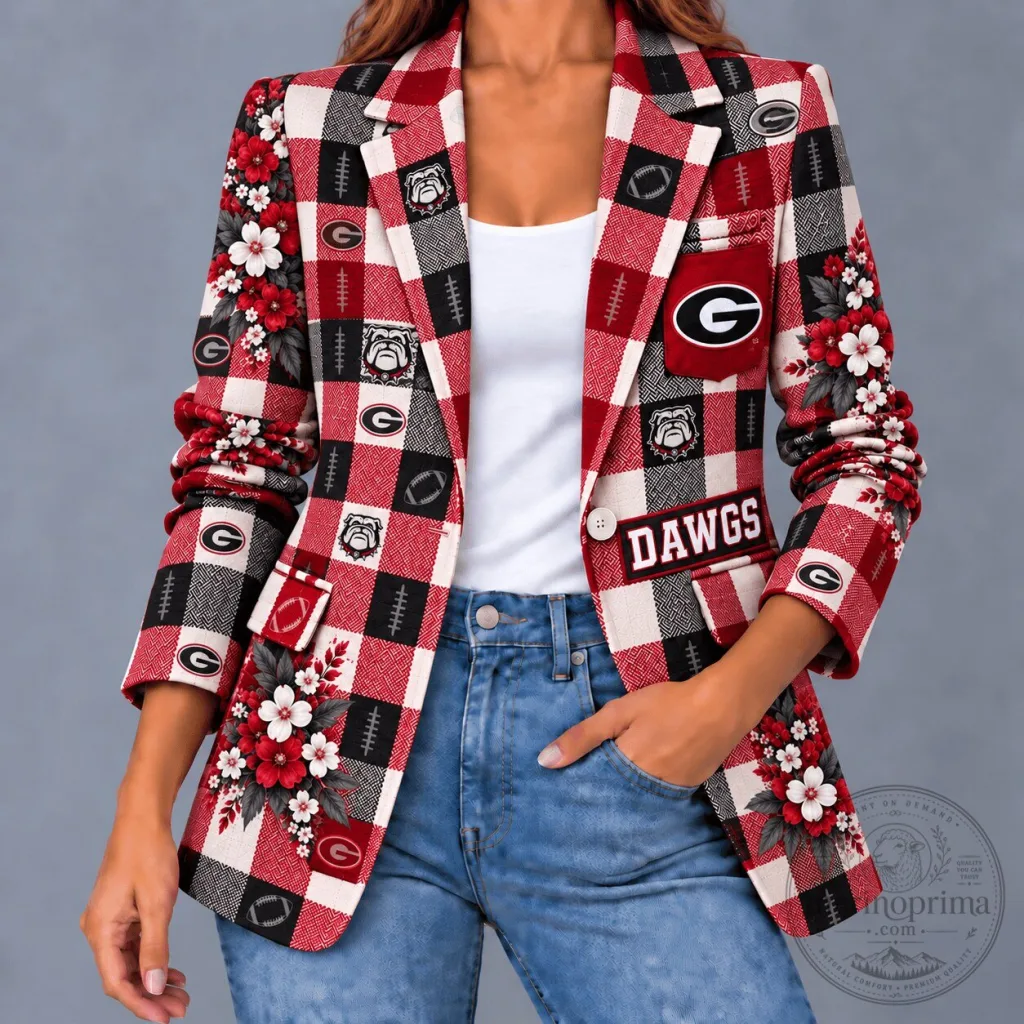 Georgia Bulldogs Football Floral Plaid Game Day Women's Blazer Jacket Georgia Bulldogs Football Floral Plaid Game Day Women's Blazer Jacket